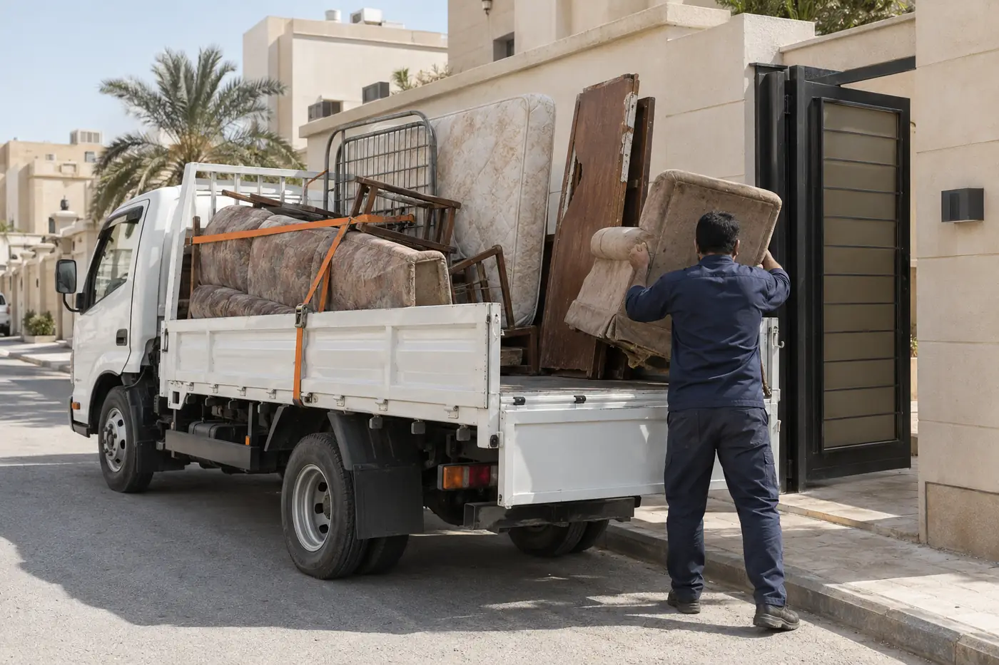 دينا طش أثاث قديم بالرياض محملة بقطع قديمة أمام بيت في حي سكني