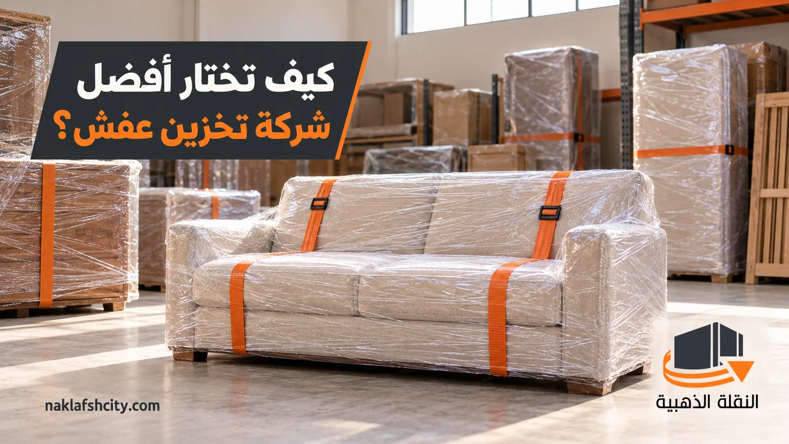 كنبة مغلفة بأحزمة برتقالية بين قطع محمية في مستودع مع سؤال عن أفضل شركة تخزين عفش بالرياض