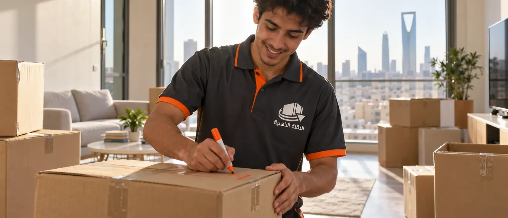 عامل يكتب على كرتونة بقلم برتقالي داخل شقة مطلة على الرياض ضمن تجهيز نقل عفش بالرياض
