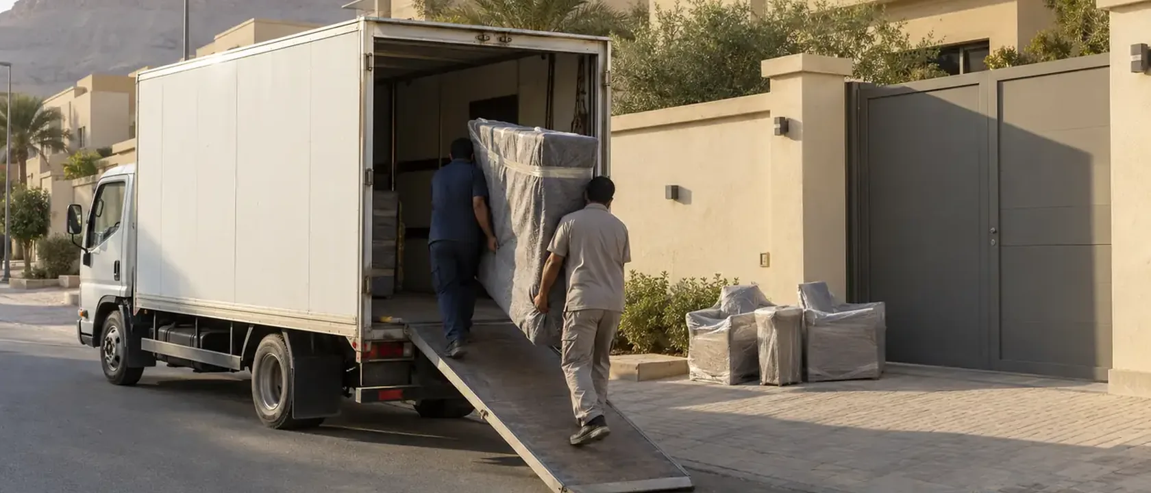 شركة نقل عفش تحمل لوح دولاب مغلفًا إلى دينا بصندوق مغلق عبر منحدر أمام فيلا