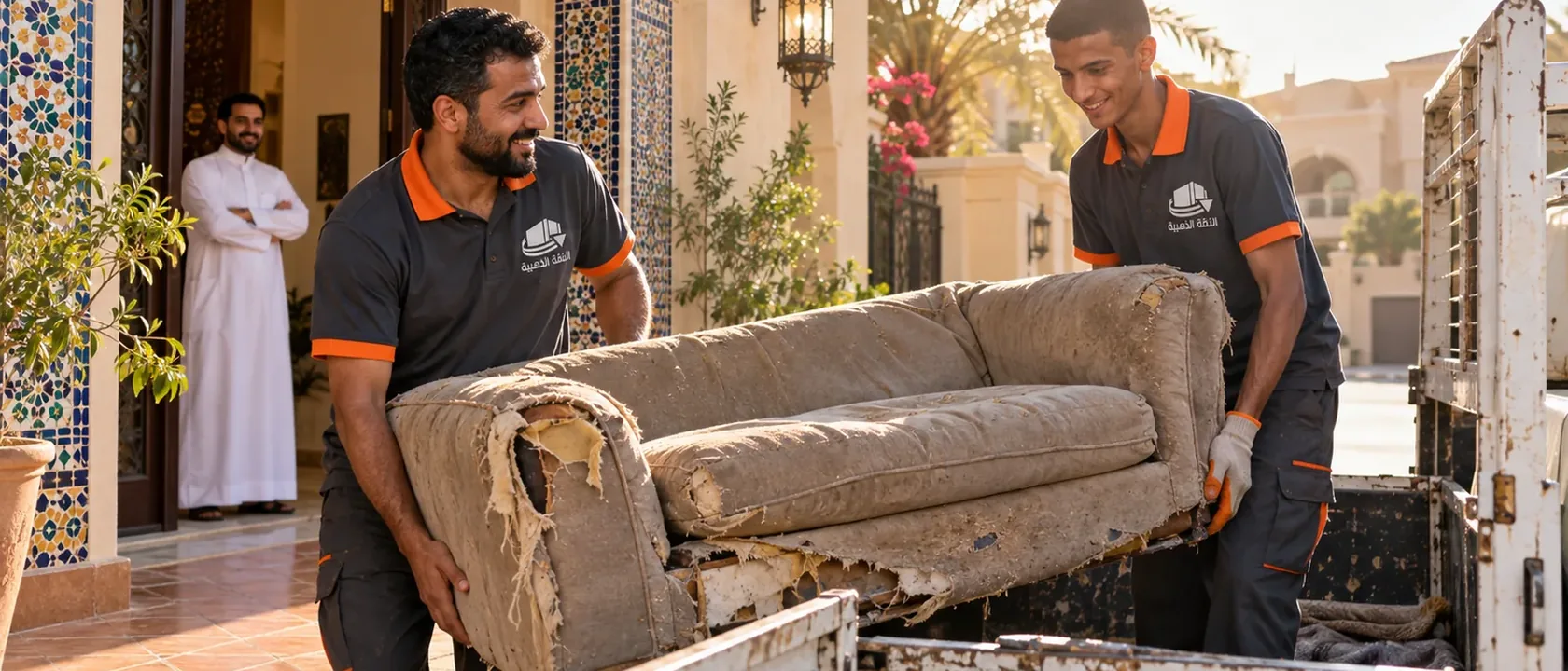 عاملا نقل عفش يحملان كنبة قديمة ممزقة من فيلا إلى الشاحنة وصاحب البيت عند الباب