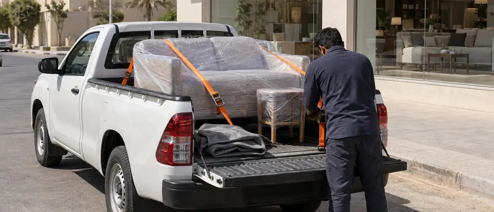 ونيت أبيض يحمل كنبة مربوطة بأحزمة برتقالية أمام معرض في طلب نقل عفش صغير