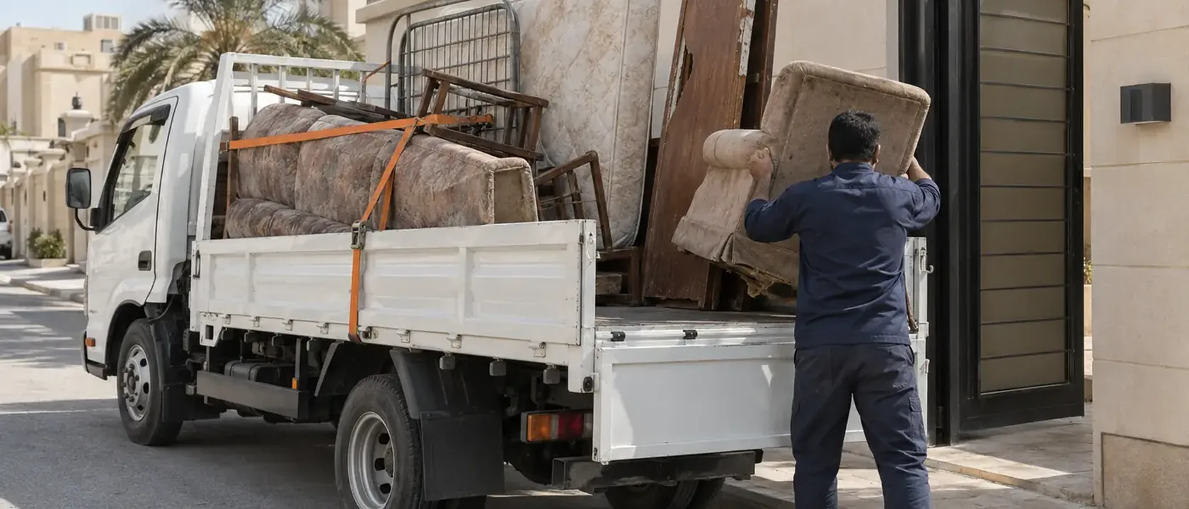 دينا طش الاثاث القديم بالرياض محملة بكنب وألواح بالية أمام بيت سكني