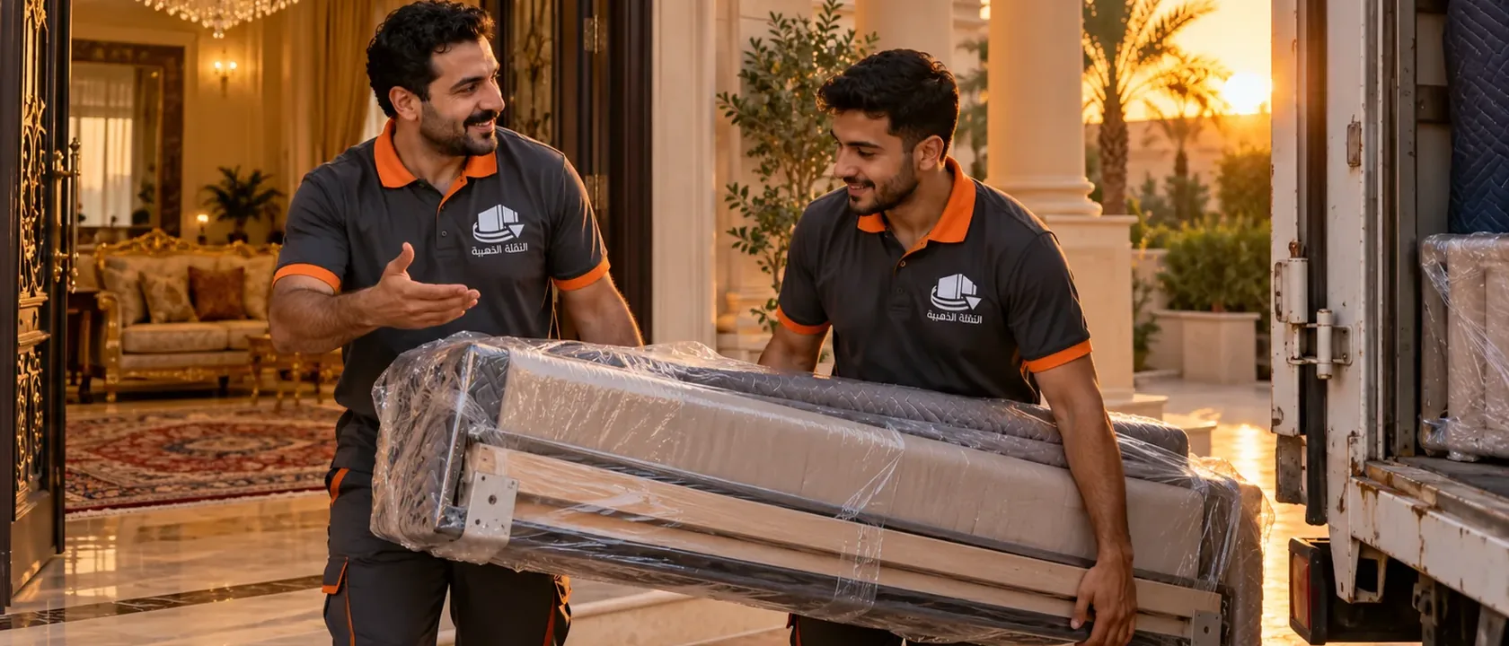 عاملان يحملان أجزاء سرير مغلفة إلى شاحنة عند الغروب ضمن التخلص من الأثاث القديم بالرياض