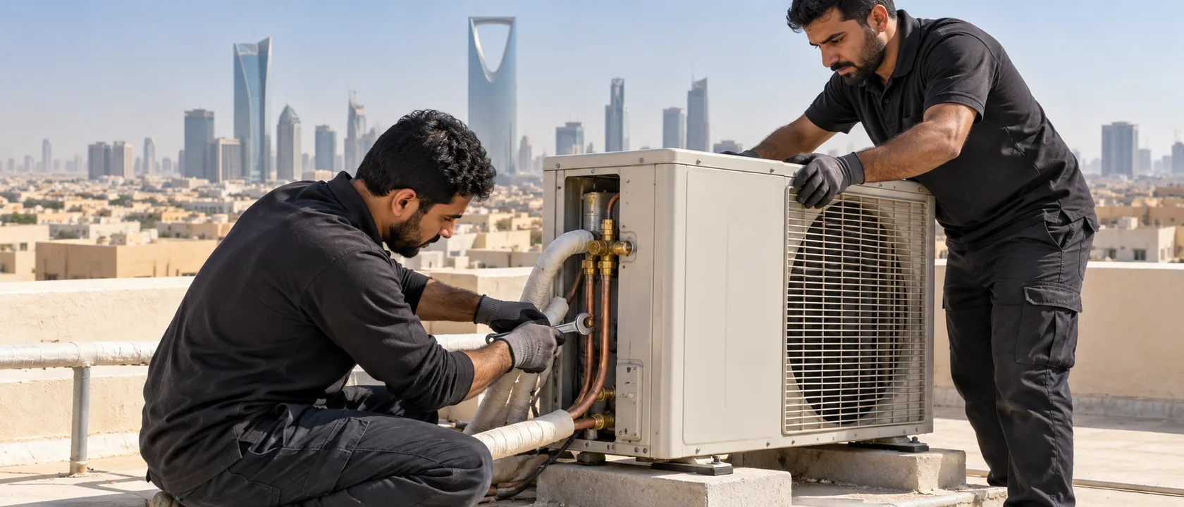 فنيان يفصلان وحدة مكيف سبليت خارجية على سطح بالرياض ومكانها يغير سعر نقل المكيف