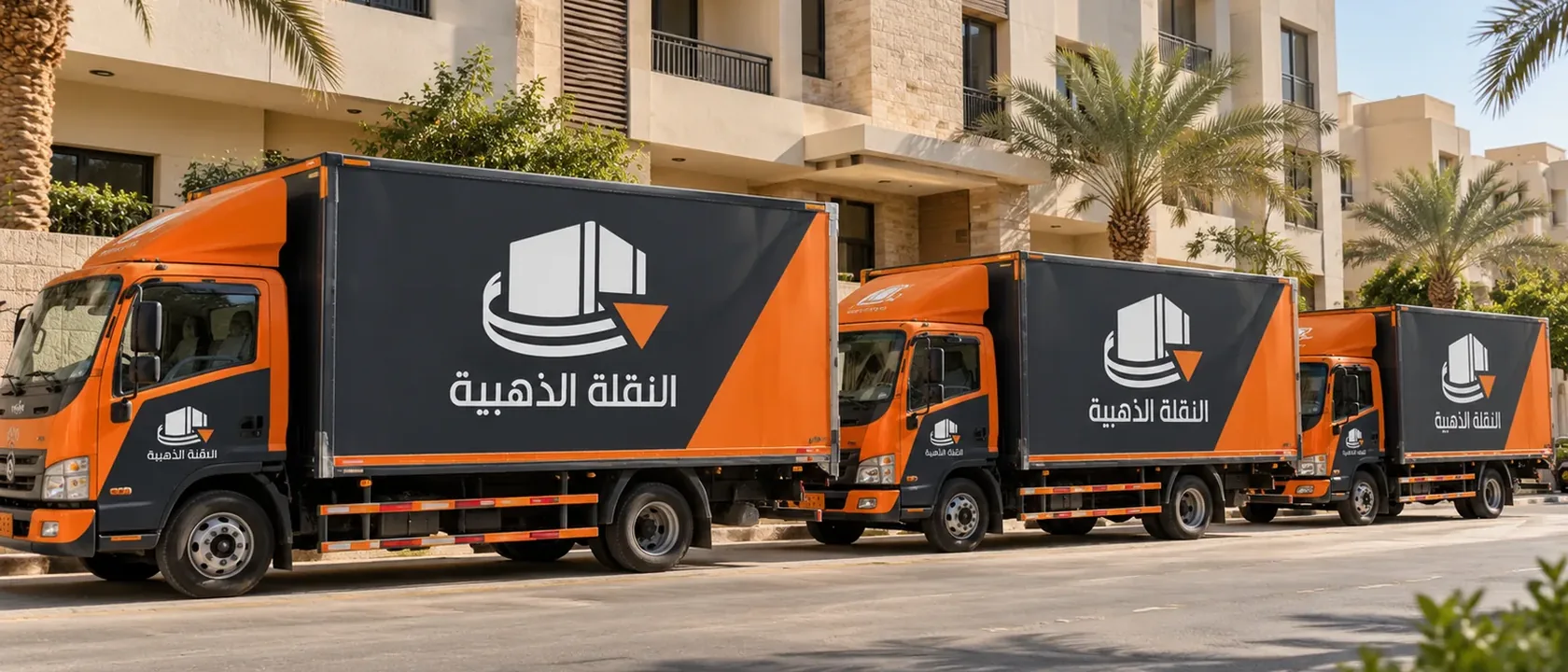 ثلاث سيارات نقل اثاث برتقالية تحمل اسم النقلة الذهبية وشعارها أمام مجمع سكني