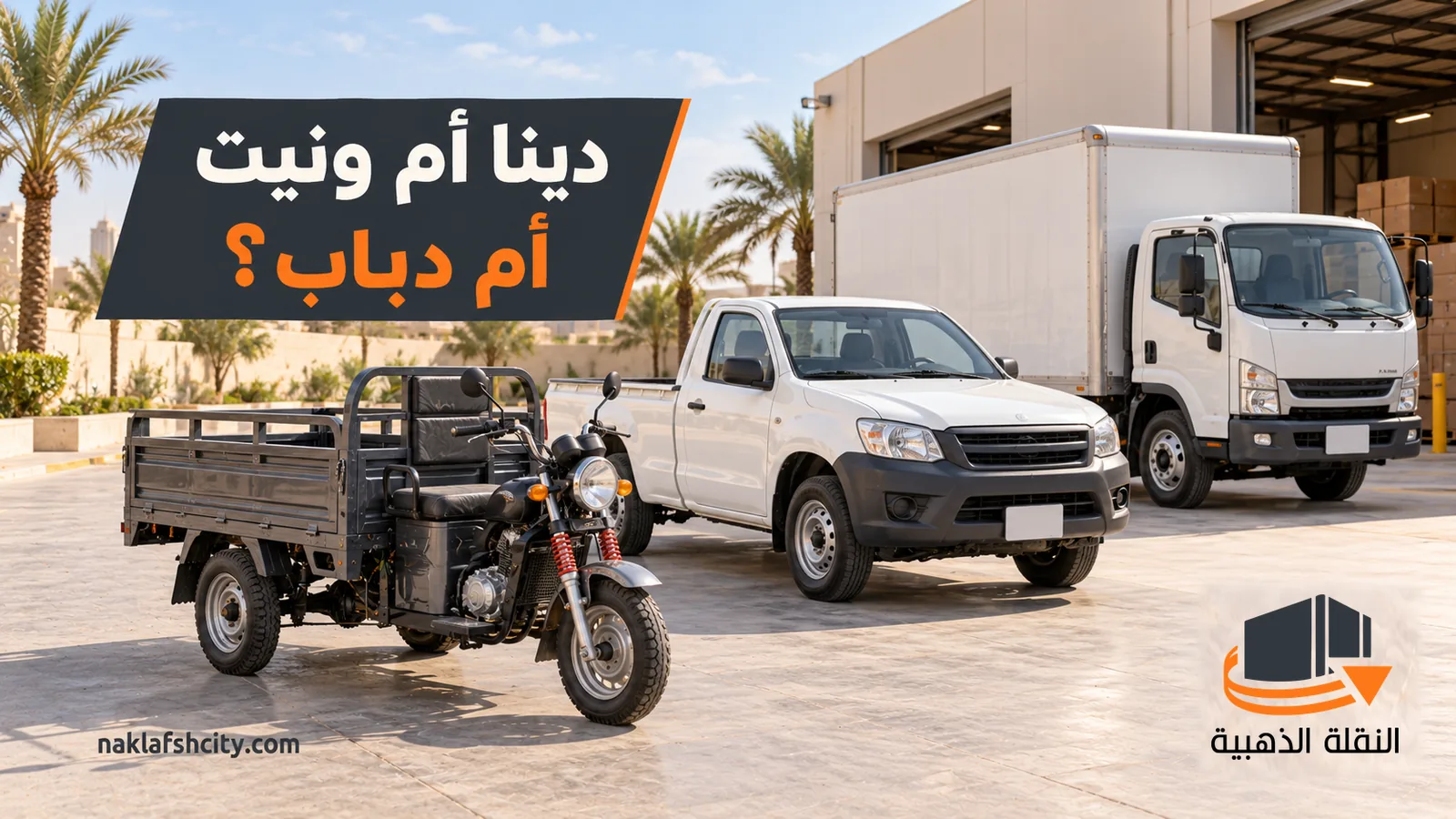 دباب بثلاث عجلات وونيت أبيض ودينا بصندوق مغلق متوقفة جنبًا إلى جنب من سيارات نقل اثاث