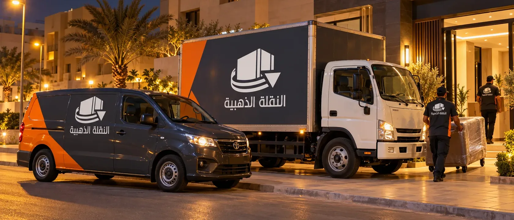 دينا نقل اثاث وفان بشعار النقلة الذهبية أمام عمارة ليلًا وعامل يدفع عربة