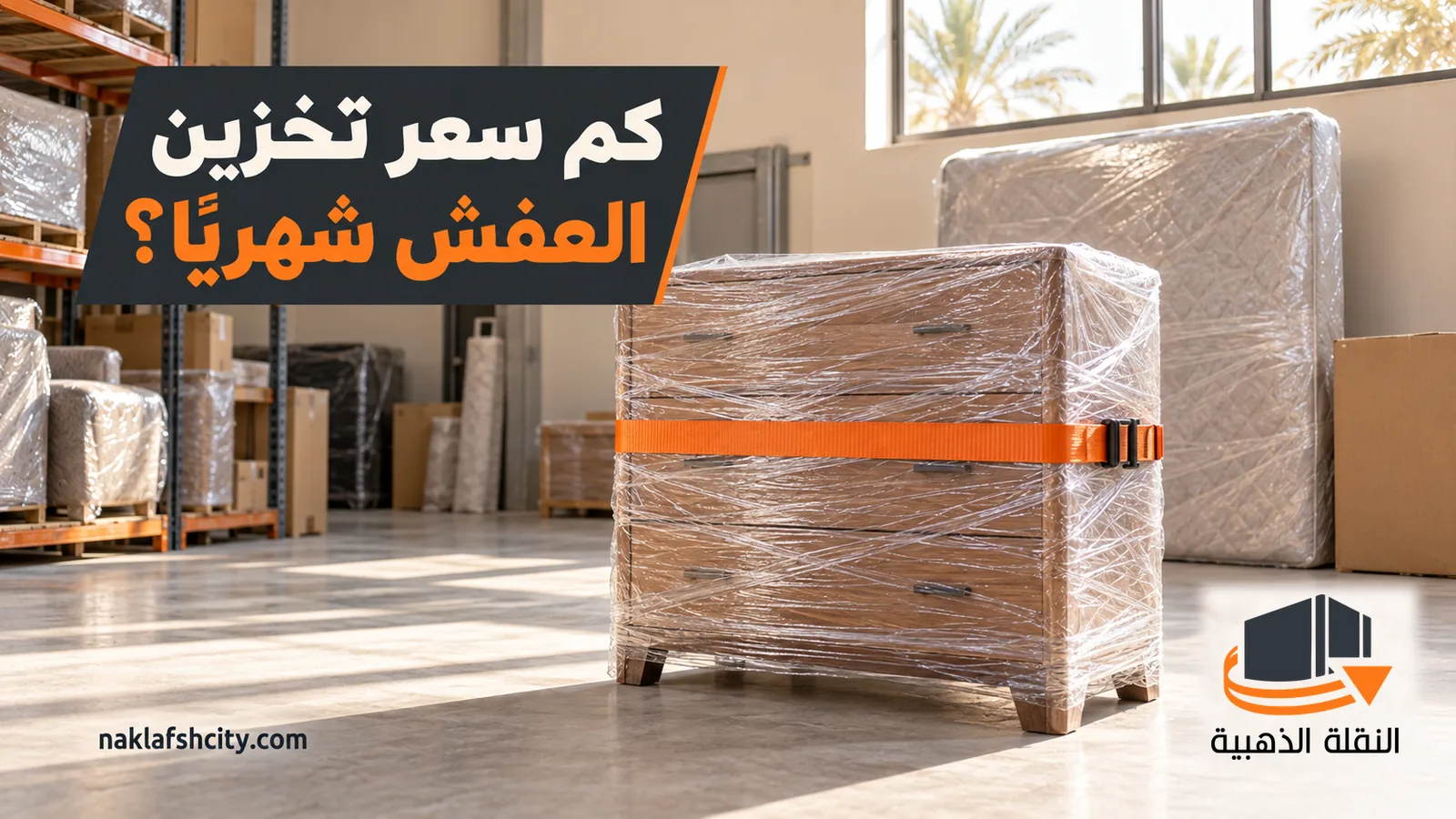 خزانة أدراج مغلفة بحزام برتقالي ومراتب ملفوفة داخل غرفة تخزين تحت سؤال كم سعر تخزين العفش شهريًا