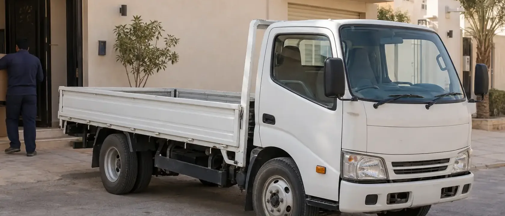 دينا صغيرة بصندوق مفتوح أمام بيت يحدد حجمها جزءًا من سعر نقل عفش بالرياض